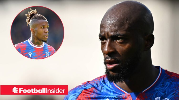Jean-Philippe Mateta in Crystal Palace home shirt with Wilfried Zaha inset
