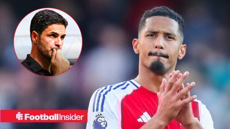 William Saliba in Arsenal home shirt with Mikel Arteta inset