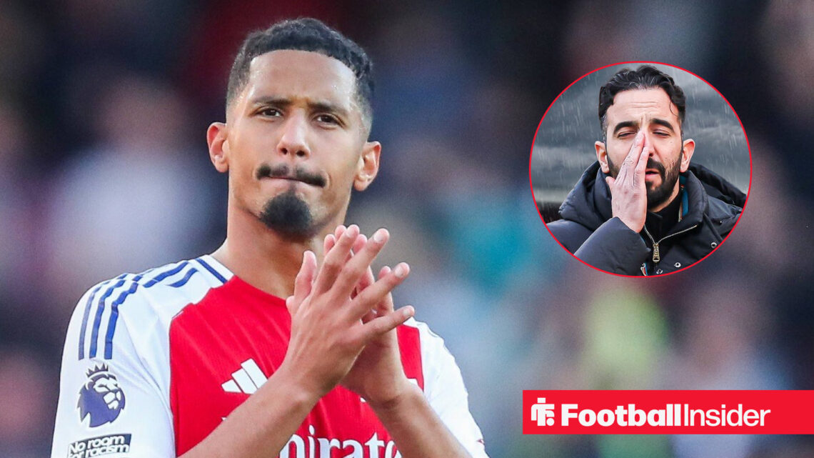 Arsenal's William Saliba clapping the fans after a game and Man United manager Ruben Amorim looking upset