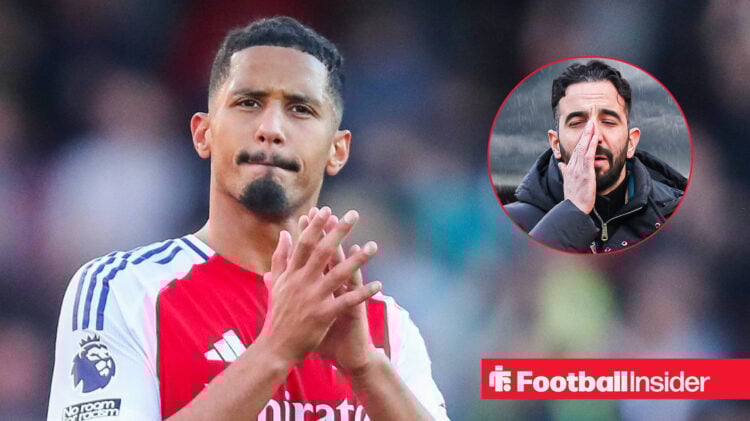 Arsenal's William Saliba clapping the fans after a game and Man United manager Ruben Amorim looking upset