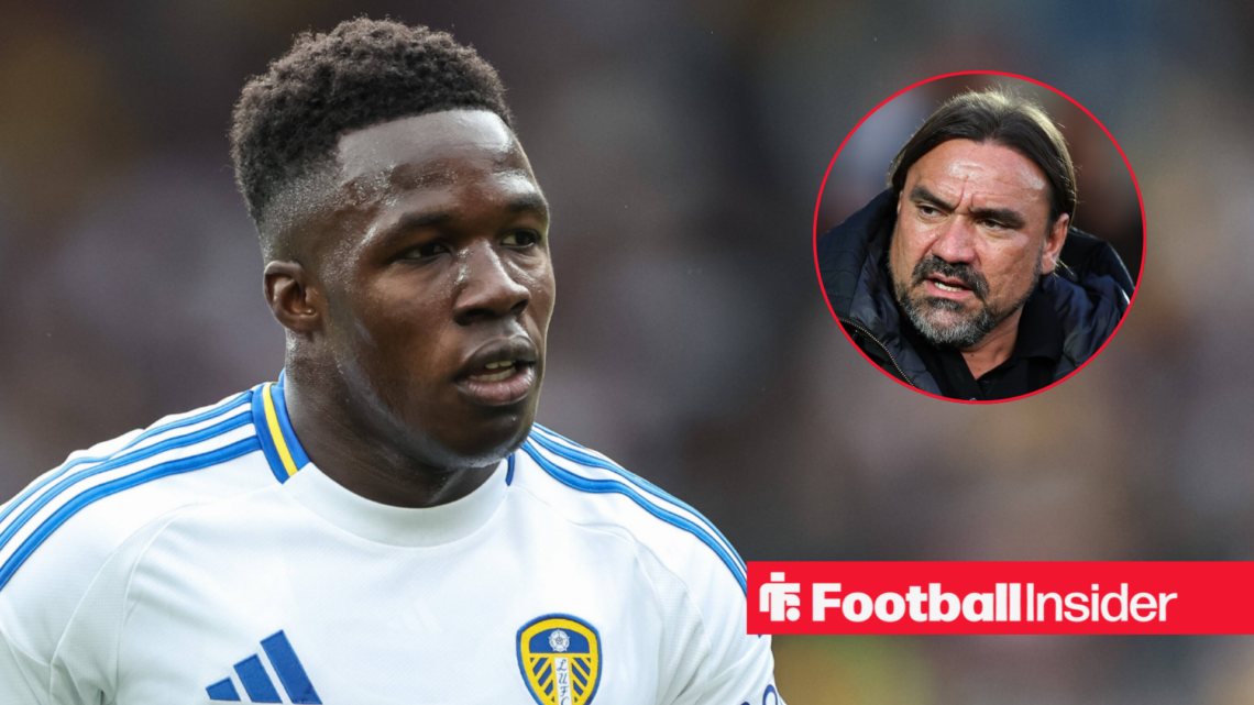 Leeds' Willy Gnonto in action looking at manager Daniel Farke who is frowning back at him right inset