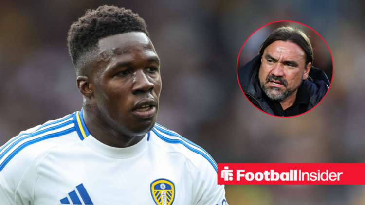 Leeds' Willy Gnonto in action looking at manager Daniel Farke who is frowning back at him right inset