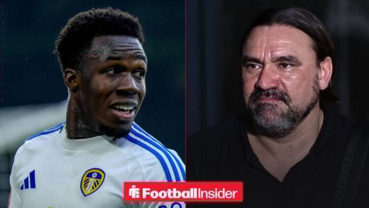 Willy Gnonto grimacing with Daniel Farke on the right looking serious