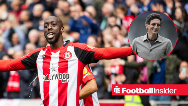 Yoane Wissa in a red and white Brentford kit, Keith Andrews in a grey jumper in a circle