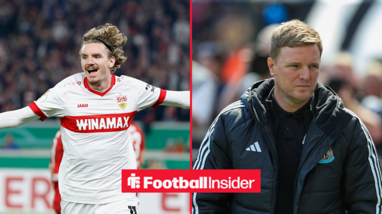 Nick Woltemade in a red and white Stuttgart kit next to Eddie Howe in a black Newcastle coat