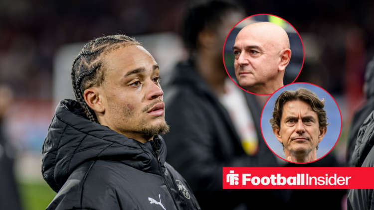 Xavi Simons on the left looking at Daniel Levy on the right looking angry and Thomas Frank looking focused