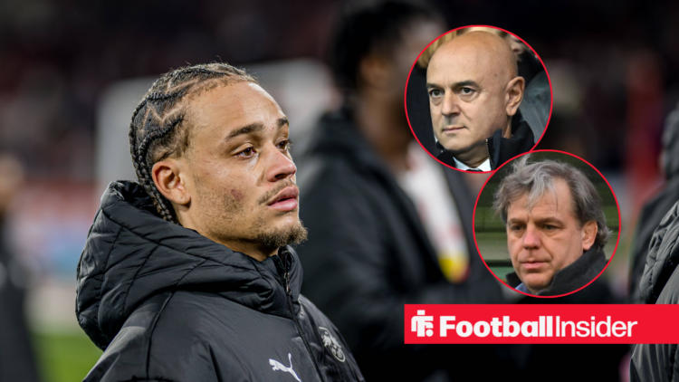 Xavi Simons on the left looking at Daniel Levy on the right looking angry and Todd Boehly looking focused