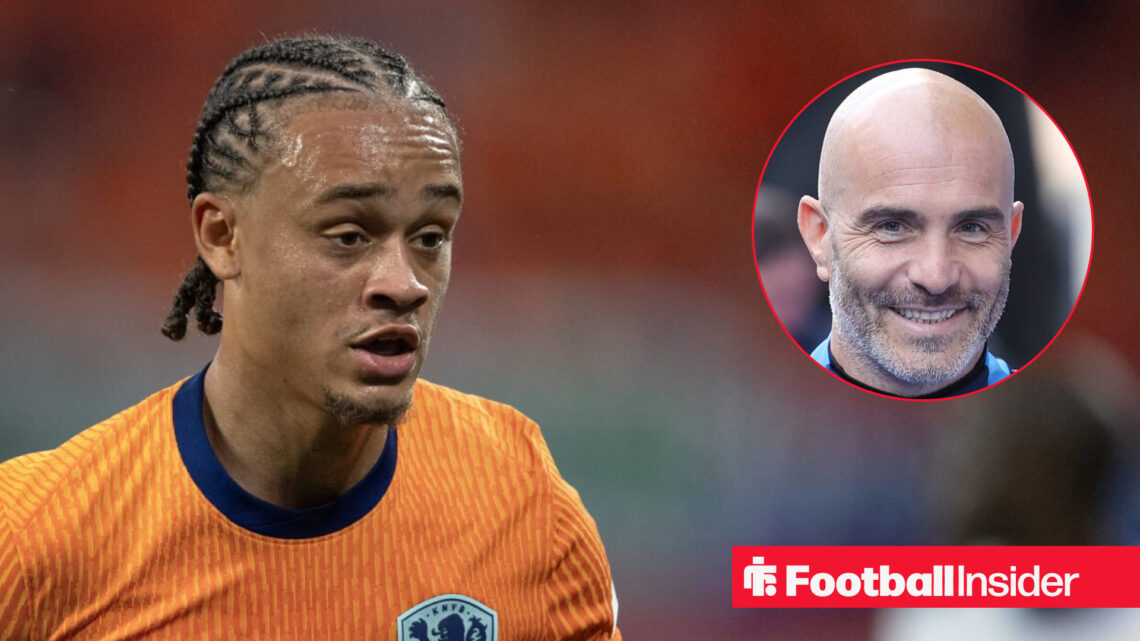 Xavi Simons in action for the Netherlands alongside a circular inset of Chelsea manager Enzo Maresca.