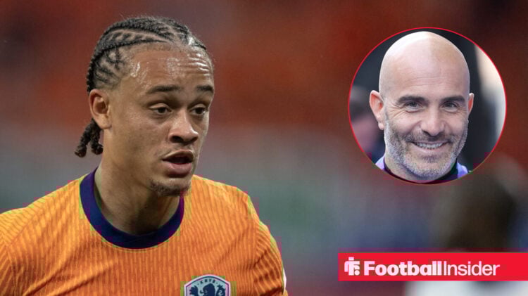 Xavi Simons in action for the Netherlands alongside a circular inset of Chelsea manager Enzo Maresca.