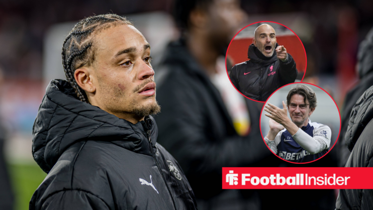 Xavi Simons in an RB Leipzig coat, Enzo Maresca and Thomas Frank in circular insets