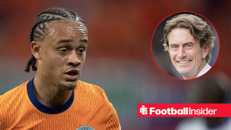 Midfielder Xavi Simons in action for the Netherlands alongside a circular inset of Spurs manager Thomas Frank