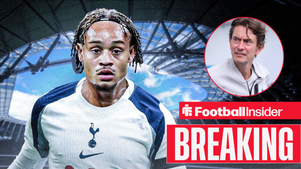 Xavi Simons in a Tottenham kit, Thomas Frank in a circular inset