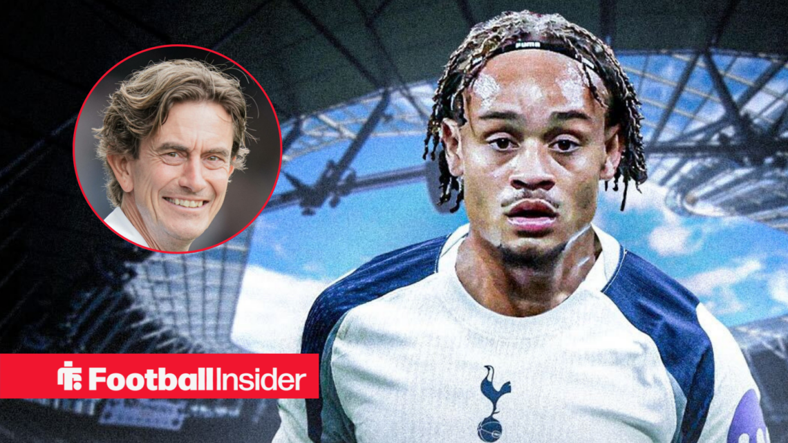 Xavi Simons in action in a Tottenham shirt at the Tottenham Hotspur Stadium with Thomas Frank left inset smiling at him