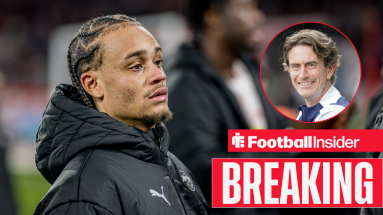 Xavi Simons post-game for RB Leipzig, with Thomas Frank in a circular inset