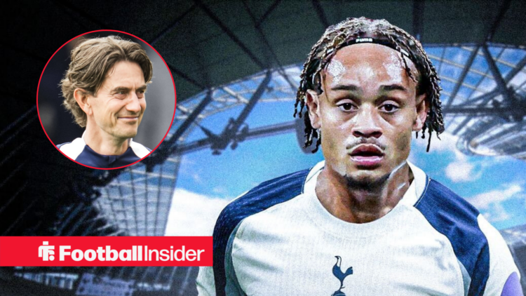 Xavi Simons in Tottenham shirt with Thomas Frank inset