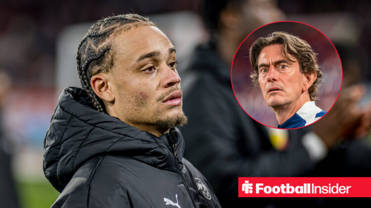 Xavi Simons on the left in a coat looking focused with Thomas Frank on the right