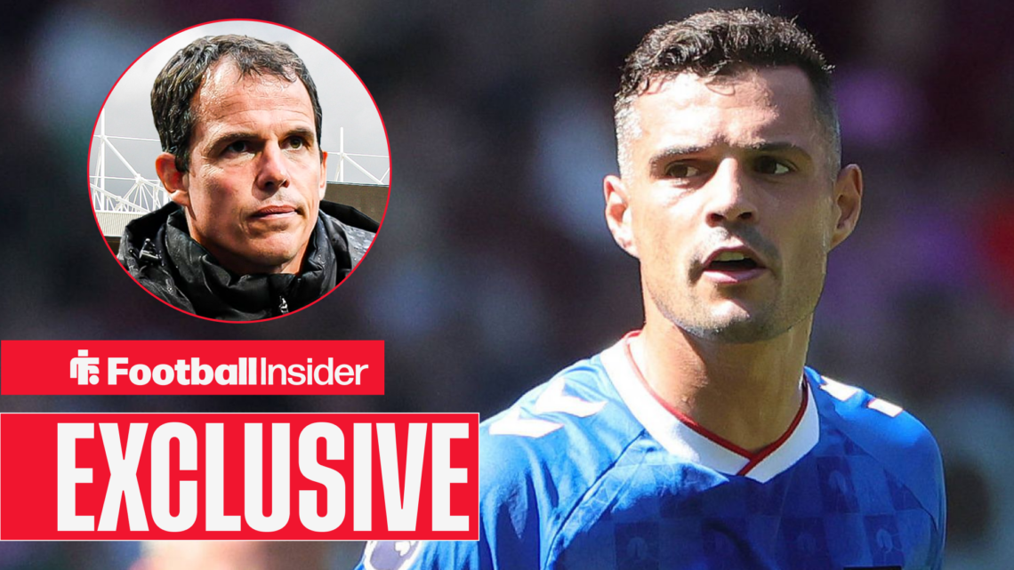 Granit Xhaka looks at Sunderland boss Regis Le Bris in a circular inset