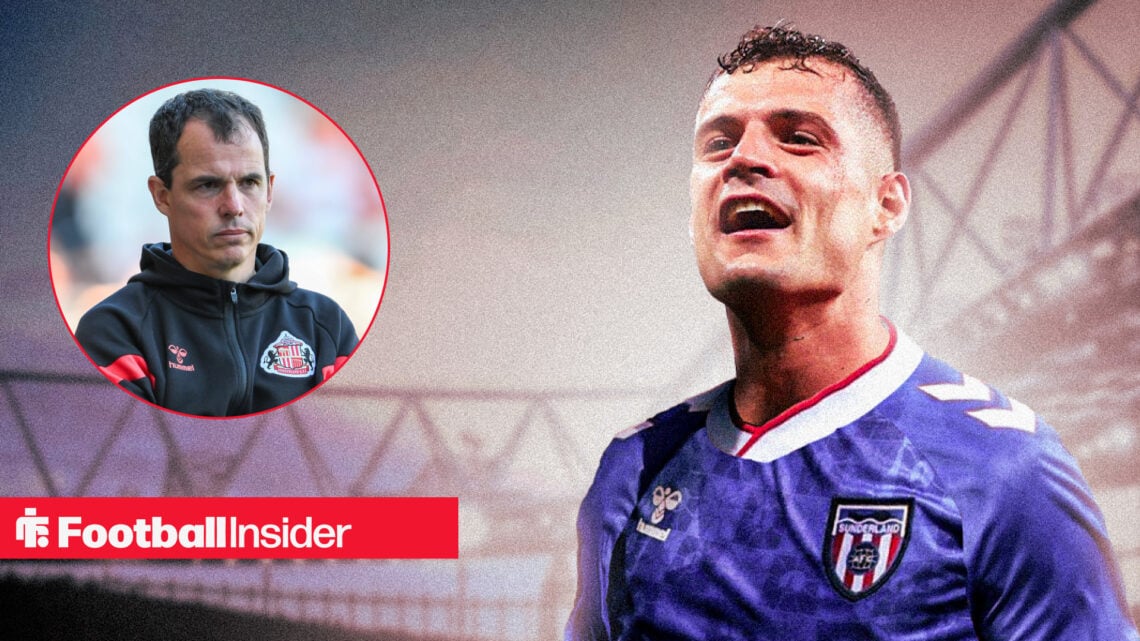 Granit Xhaka pictured in a Sunderland away shirt, next to an image of Regis Le Bris.
