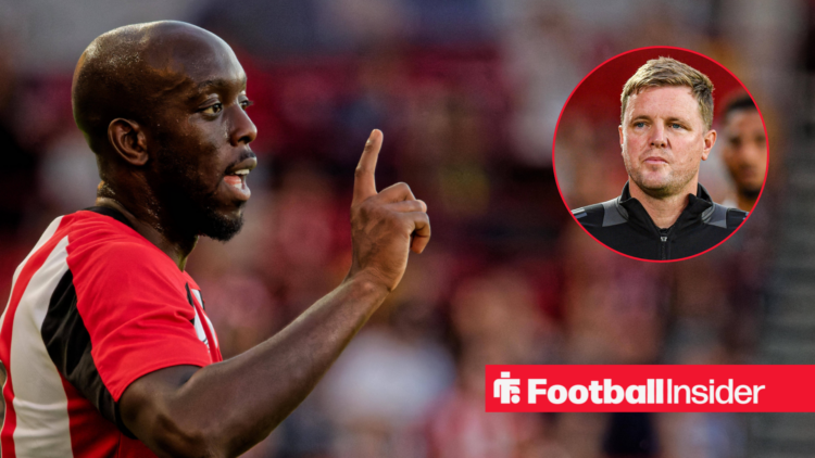 Brentford striker Yoane Wissa alongside a circular inset of Newcastle manager Eddie Howe.