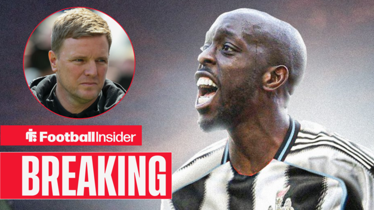 Breaking News text over Brentford's Yoane Wissa celebrating a goal in a Newcastle shirt looking at Newcastle manager Eddie Howe who is looking at h...