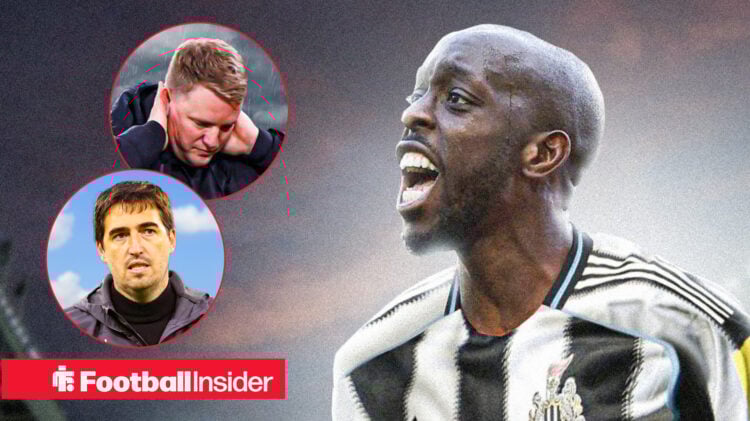 Brentford's Yoane Wissa in a newcastle shirt looking at Newcastle manager Eddie Howe who is sad and Bournemouth manager Andoni Iraola