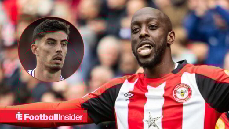 Brentford's Yoane Wissa celebrating a goal in their home kit and Arsenal's Kai Havertz in action looking at him in the inset