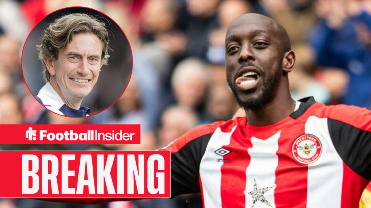 Brentford's Yoane Wissa celebrating a goal and Spurs boss Thomas Frank smiling at him in the inset