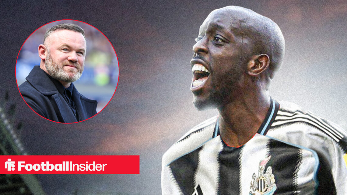 Yoane Wissa celebrating in a Newcastle United shirt, next to an image of Wayne Rooney at Goodison Park