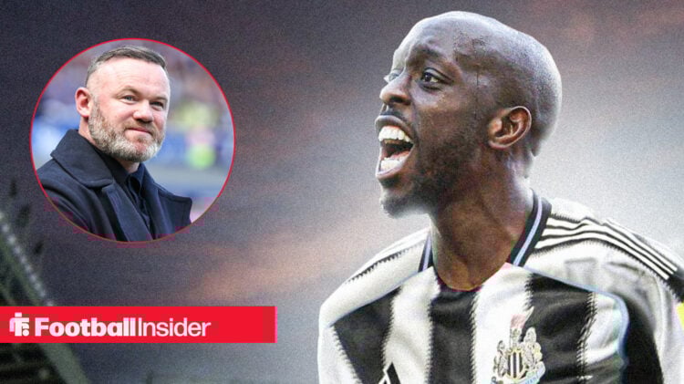 Yoane Wissa celebrating in a Newcastle United shirt, next to an image of Wayne Rooney at Goodison Park