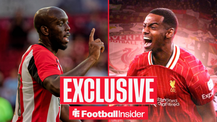 Yoane Wissa wagging his finger at Alexander Isak on the right who is shouting in a Liverpool shirt. An exclusive red and white banner sits in the m...