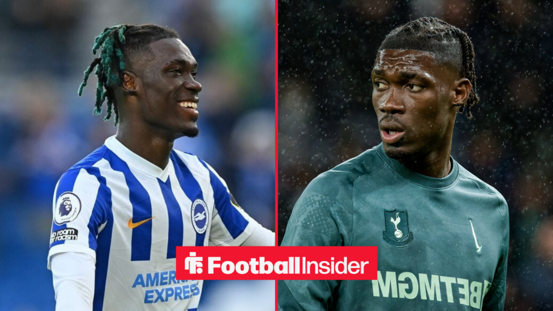Yves Bissouma looking happy on the left in a blue and white Brighton shirt looking at his Tottenham self on the right looking sad