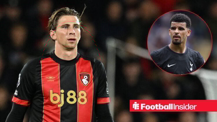Bournemouth's Illia Zabarnyi during a PL game, alongside an image of Dominic Solanke