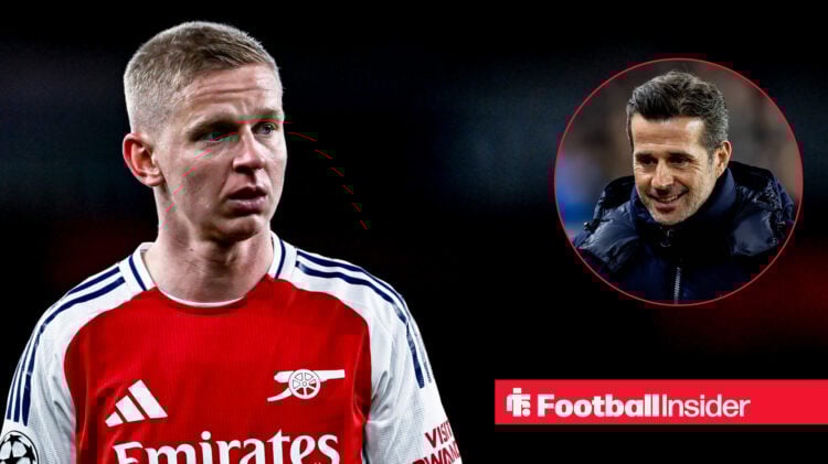Arsenal's Oleksandr Zinchenko looks concerned during a UCL game, next to an image of Fulham manager Marco Silva.