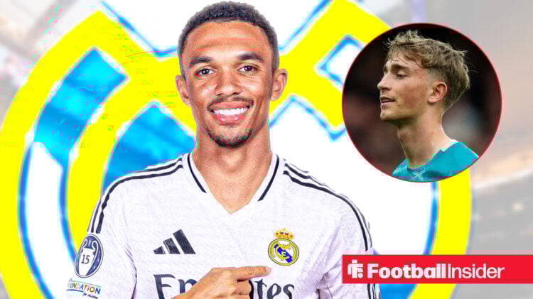 Trent Alexander-Arnold in Real Madrid's home kit with Dean Huijsen in a circular inset