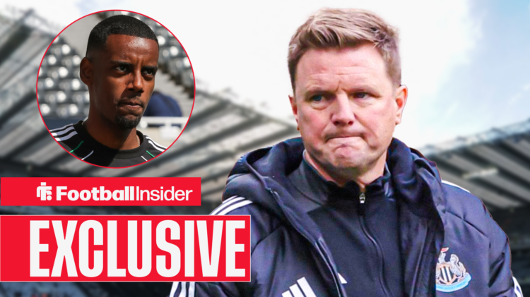 Eddie Howe looks on at St. James' Park with Alexander Isak included in a circular inset