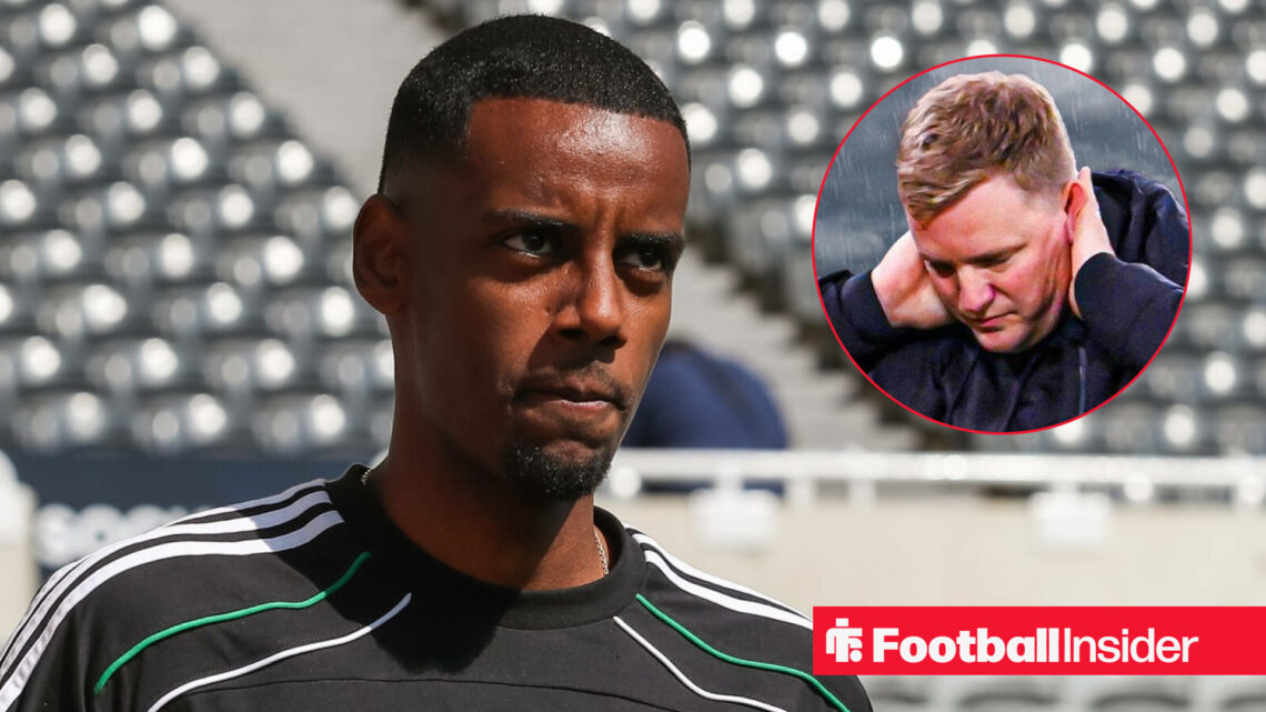 Alexander Isak pre-match for Newcastle with Eddie Howe included in a circular inset