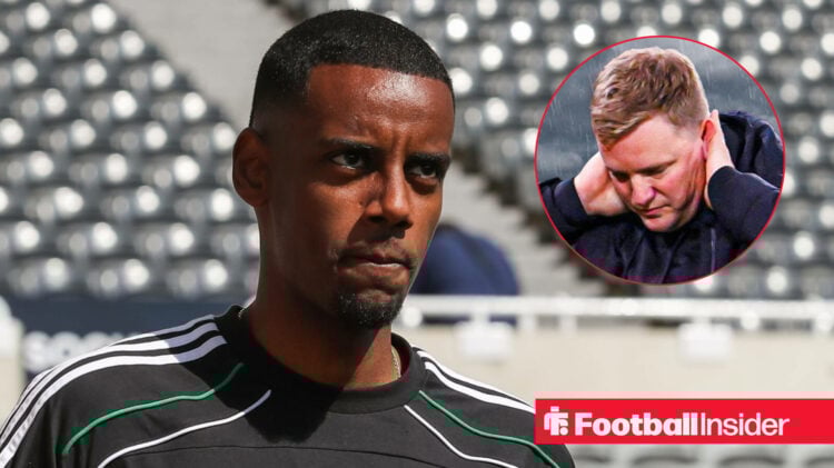 Alexander Isak pre-match for Newcastle with Eddie Howe included in a circular inset