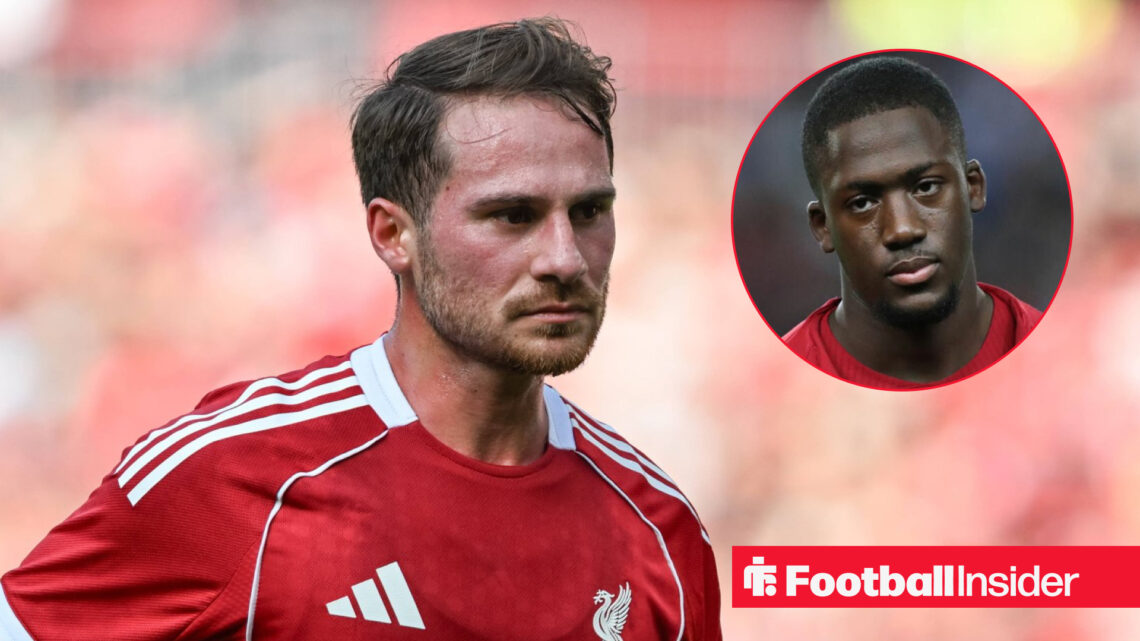 Alexis Mac Allister in action for Liverpool with Ibrahima Konate included in a circular inset