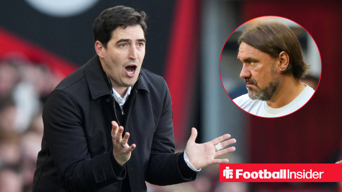 Andoni Iraola on the Bournemouth touchline with Daniel Farke in a circular inset