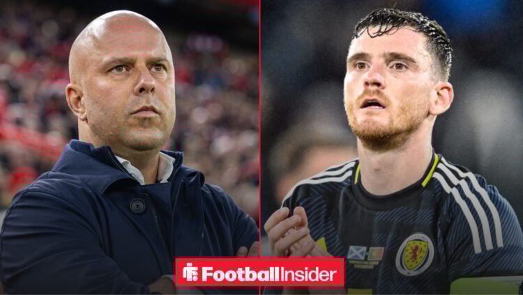 Arne Slot looks on from the Anfield touchline as Andy Robertson applauds on Scotland duty