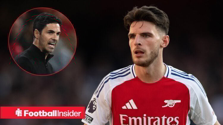 Declan Rice in an Arsenal kit, Mikel Arteta in a circular inset