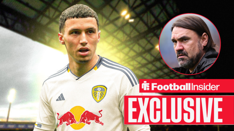 Bilal El Khannouss in Leeds United's home kit with Daniel Farke in a circular inset