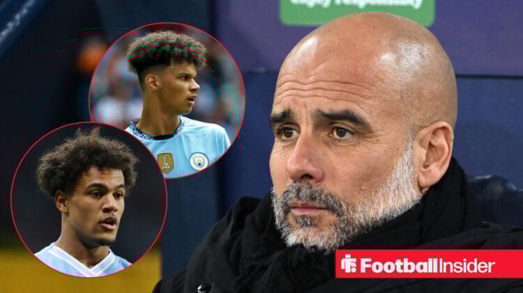Pep Guardiola sits in the dugout at Man City with Nico O'Reilly and Oscar Bobb in circular insets