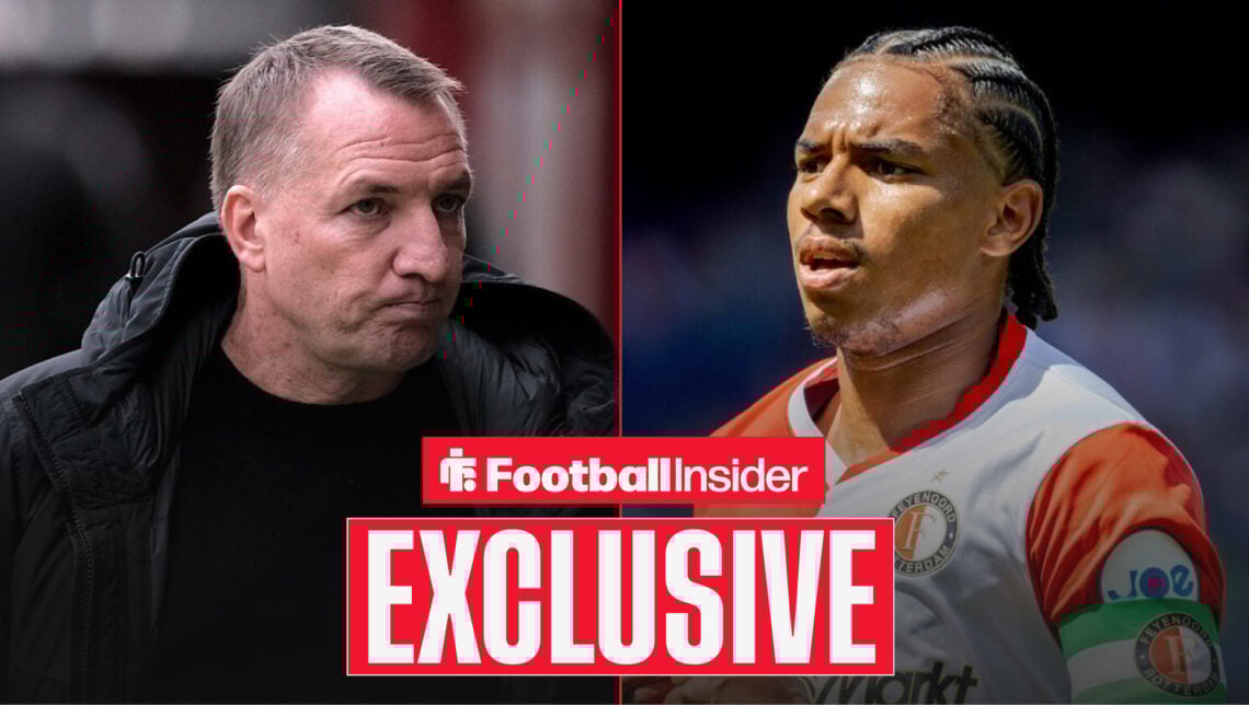 Brendan Rodgers arrives at a stadium with Calvin Stengs in action for Feyenoord.