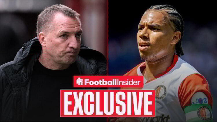 Brendan Rodgers arrives at a stadium with Calvin Stengs in action for Feyenoord.