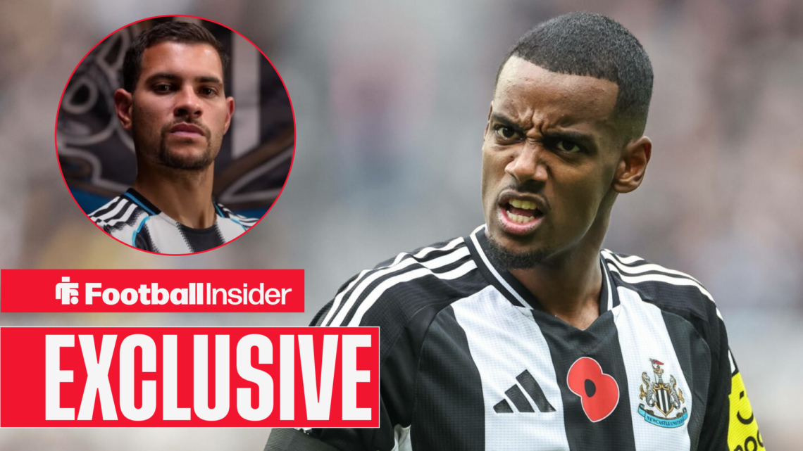 Alexander Isak in action for Newcastle United with Bruno Guimaraes in a circular inset