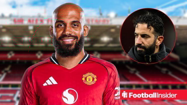 Bryan Mbeumo in a Man United kit with Ruben Amorim included in a circular inset