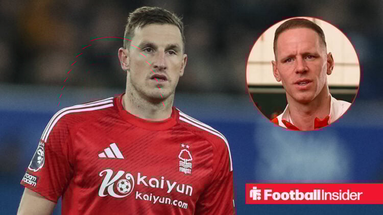 Chris Wood in action for Nottingham Forest with Matz Sels included in a circular inset