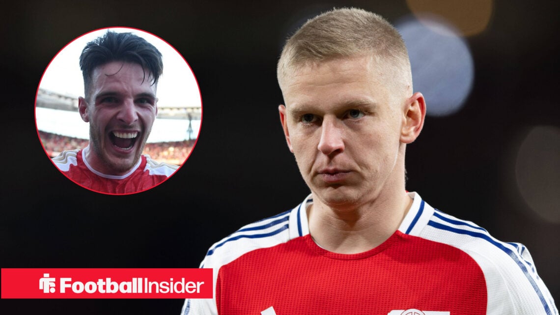 Oleksandr Zinchenko in action for Arsenal with Declan Rice included in a circular inset