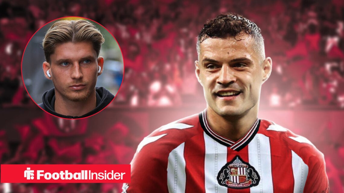Granit Xhaka in a Sunderland shirt with Dennis Cirkin in circular inset